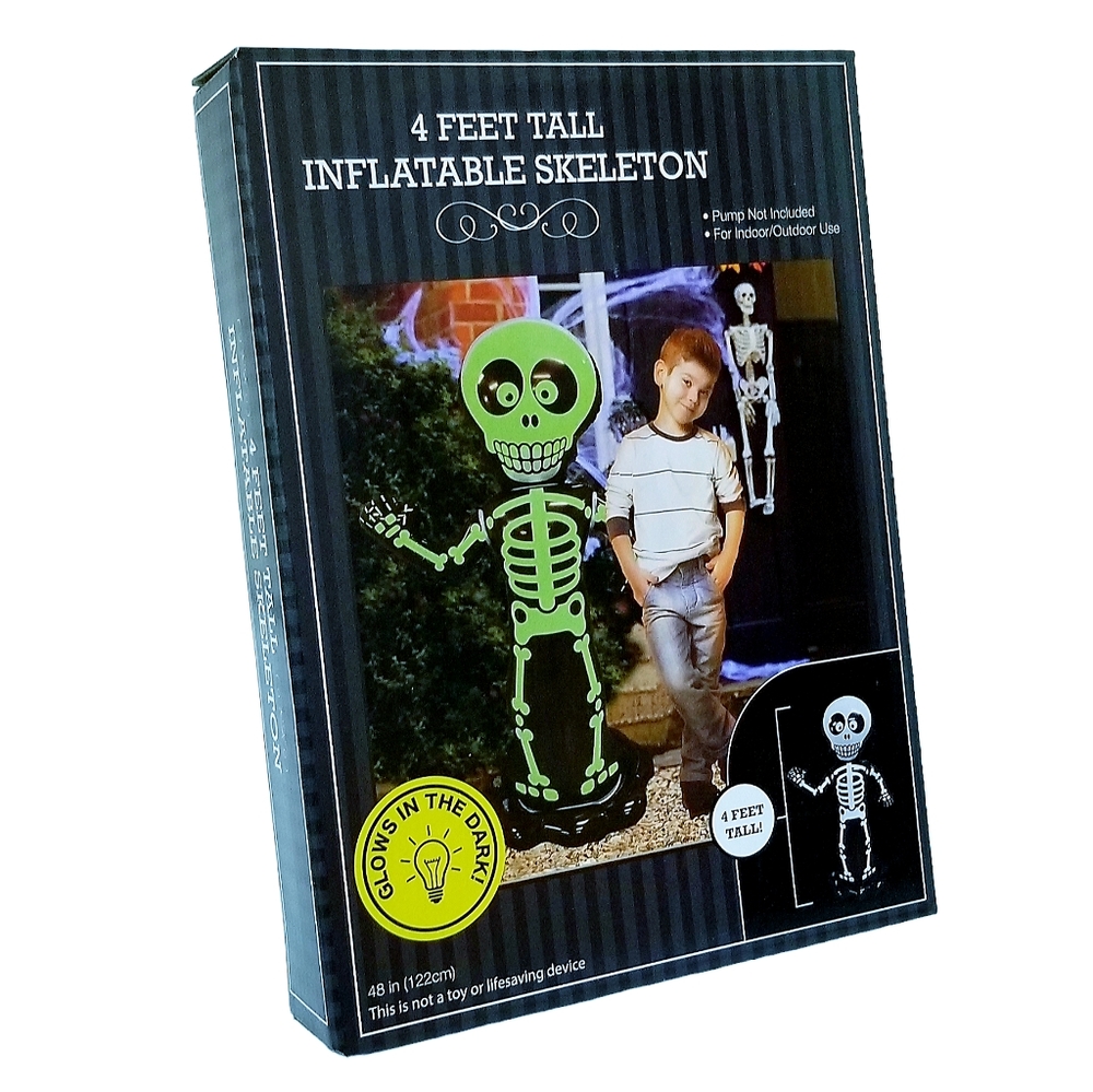 4 Feet Tall Inflatable Skeleton Glows In The Dark Indoor/Outdoor Halloween New